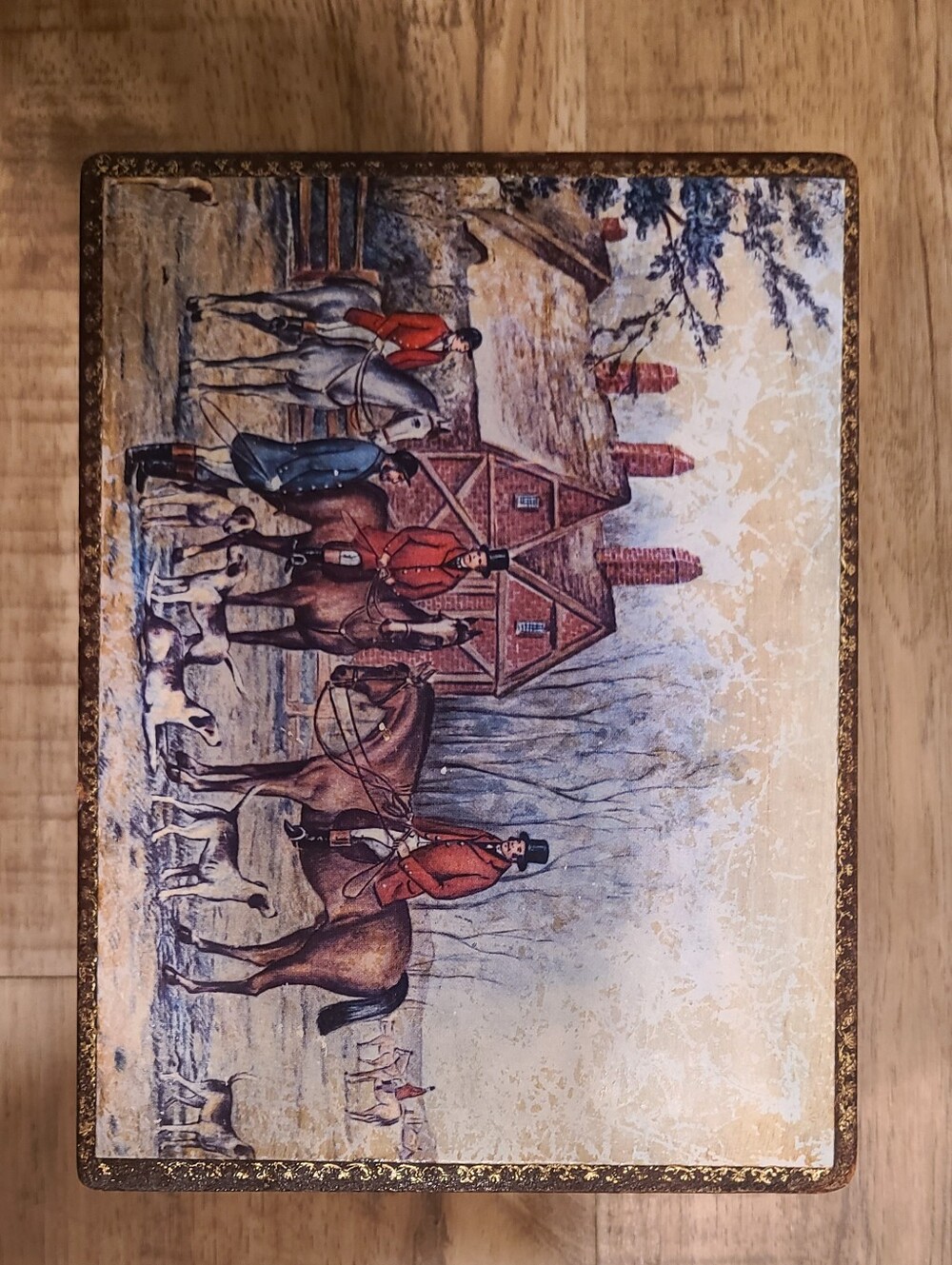 Vtg Wood Cork Lined Equestrian Fox Hunting Scene Keepsake Trinket Box 🏇